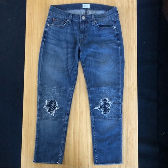 Hudson Muse Cropped Jeans with Distressed ripped Knees Star patches raw hem 27 - Picture 4 of 6